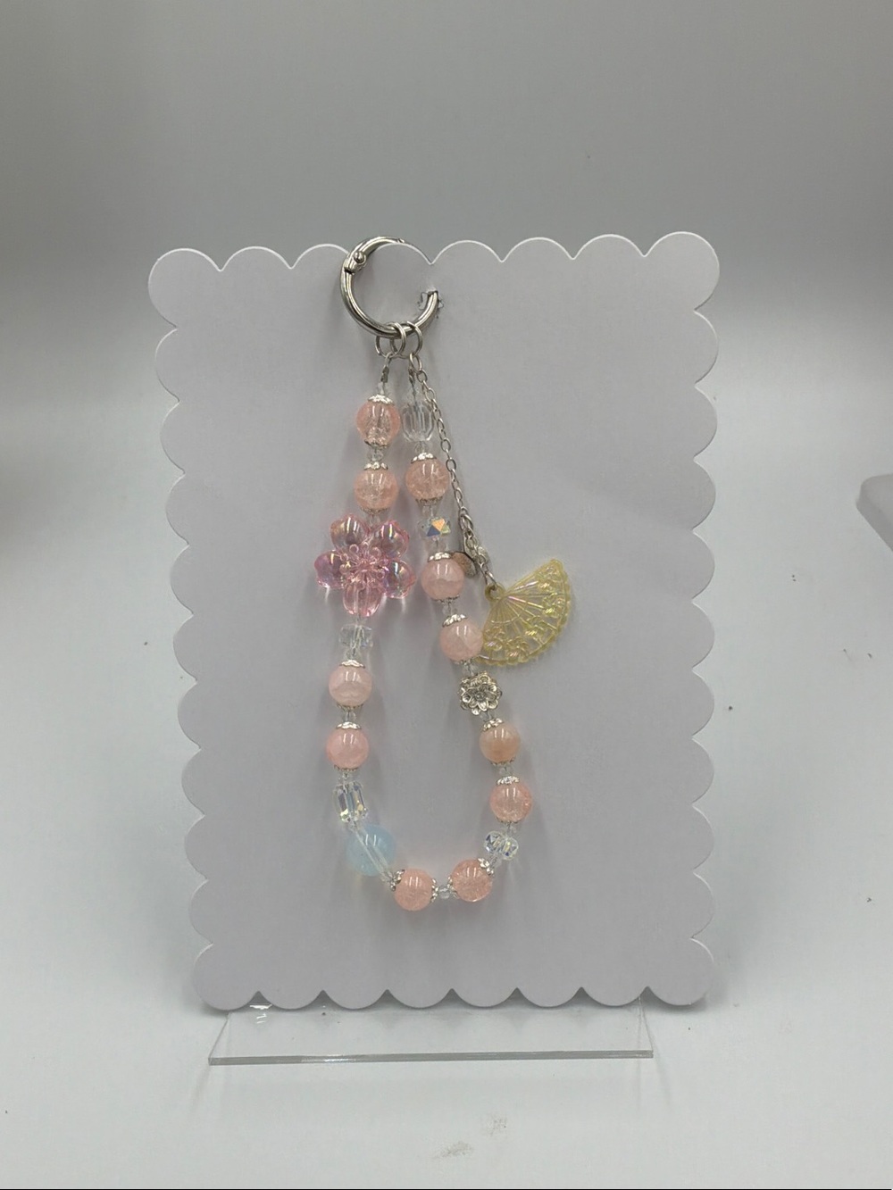 Pink Beaded Charm Keychain with Yellow Fan Accent